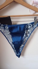 Vtg 90s Natori Satin Second Skin Thong Sz Med NEW W/tags RARE Navy Embroidery