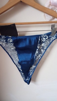 Vtg 90s Natori Satin Second Skin Thong Sz Med NEW W/tags RARE  Navy Embroidery