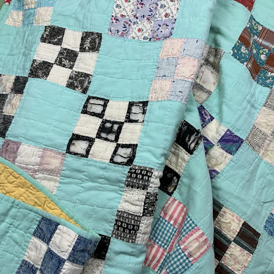 Vintage handstitched nine patch multicolored quilt 64 x 78 USA made - Image 2 of 4