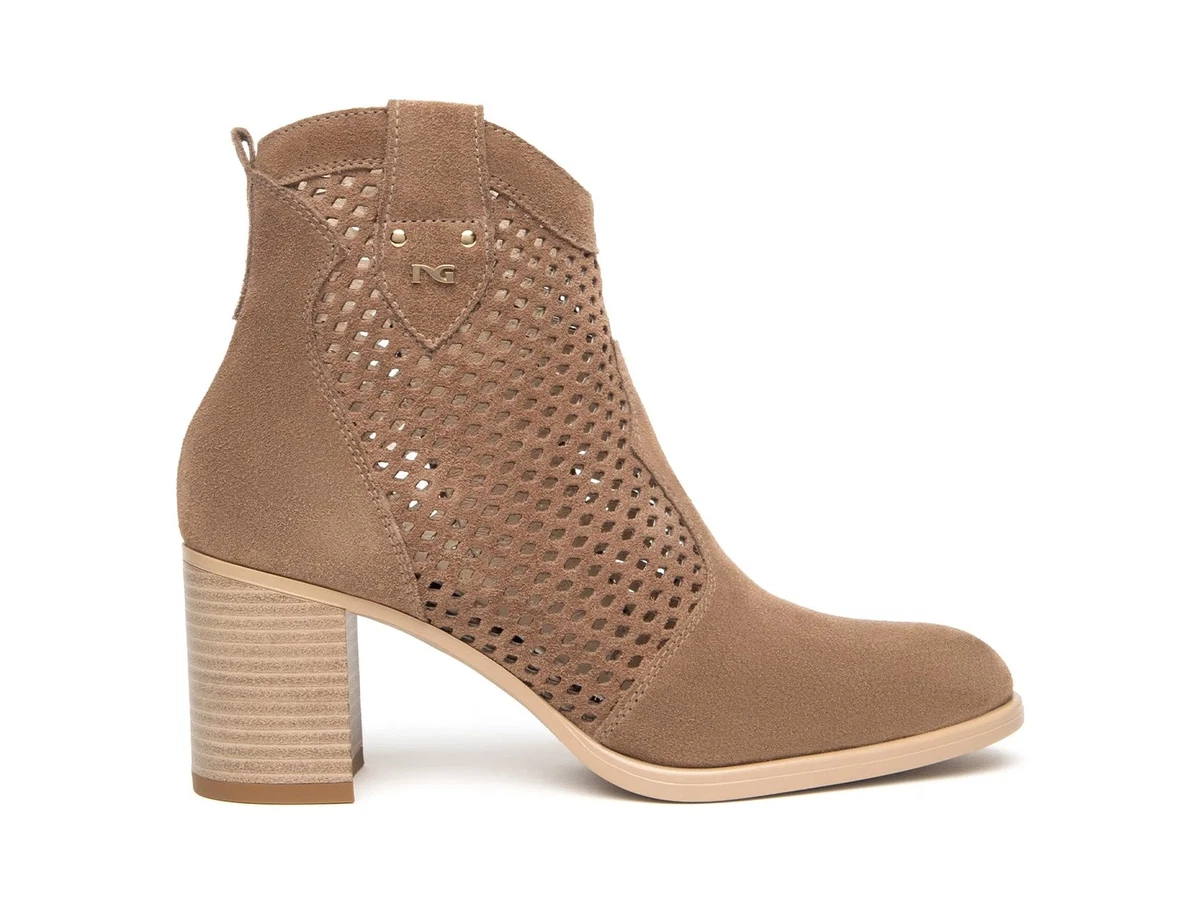 Stivali Primaverili Estivi Donna Traforati In Pelle - Modello Biker Con Fibbia E Tacco Basso - Beige - Numerico 41