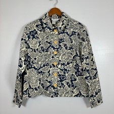 Coldwater Creek Jacket L Blue Floral Cotton Artsy Woven Coastal Boho Casual Chic