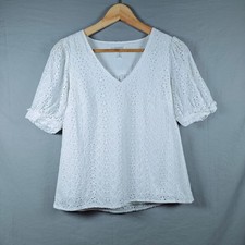 Draper James White Eyelet Puff Sleeve V Neck Top Blouse Women's XS