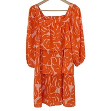 Who What Wear Orange Tropical Leaf Tiered Puff Sleeve Mini Dress XS