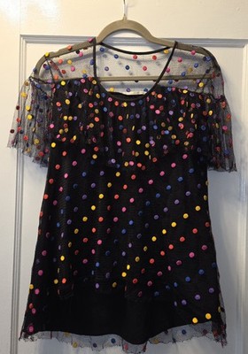 Marco De Vincenzo Polka Dot Embroidered Tulle Ruffle Blouse Black 38/US 6-8