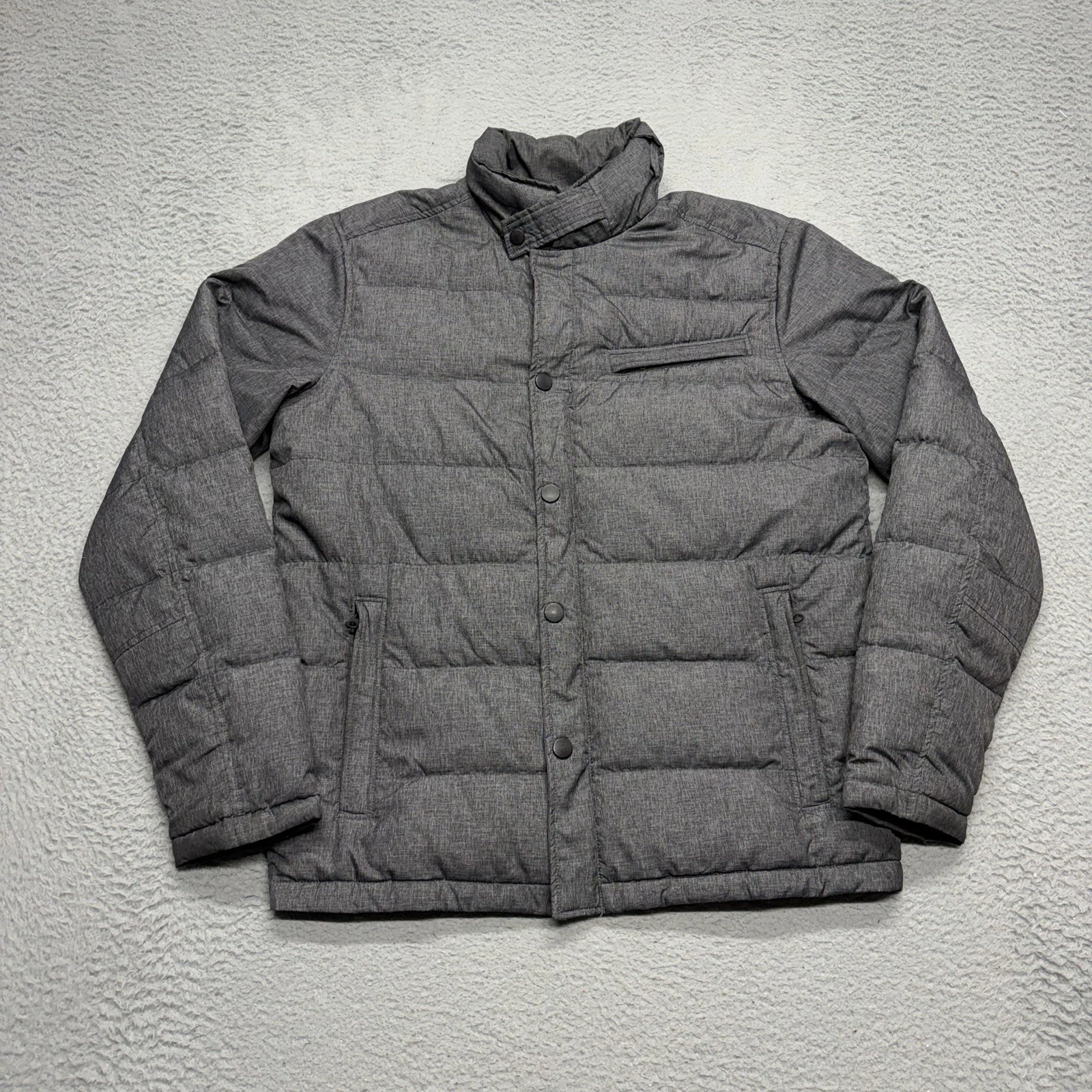 Prana Pinchot Puffer Jacket Mens Medium Grey Duck Down Insulated Full Zip Coat
