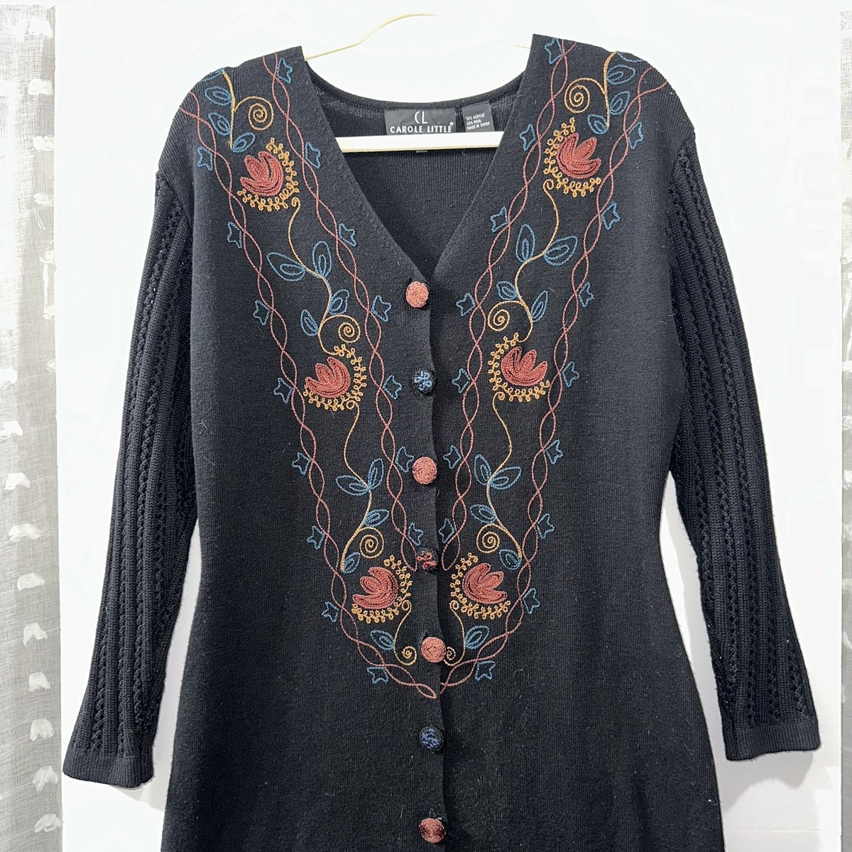 Vintage Carole Little Sweater Dress Size Medium Floral Embroidered Cable Knit View 2