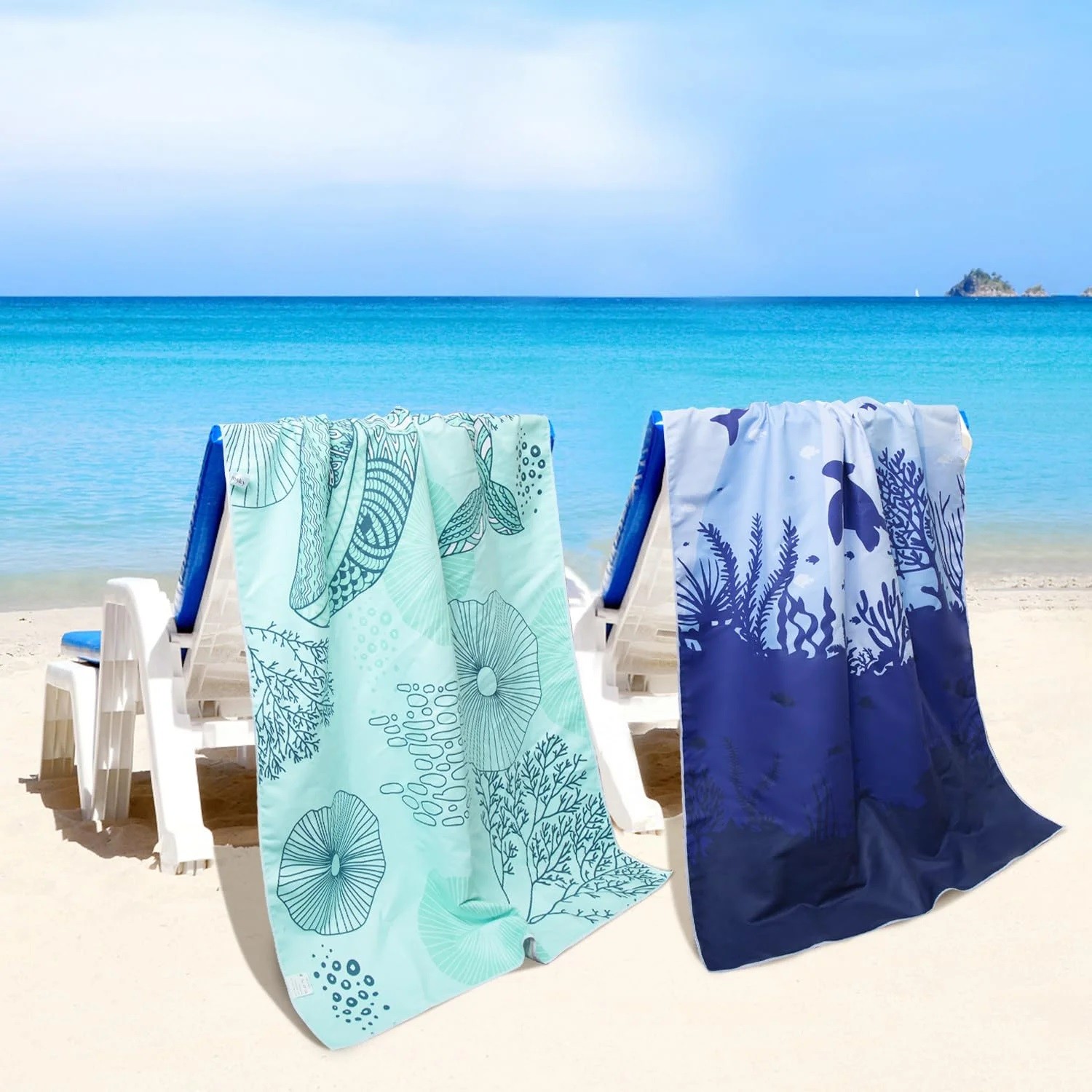 Airensky Microfiber Beach Towel, Oversized Pool Towel 72" x 36", Shark+Dolphin