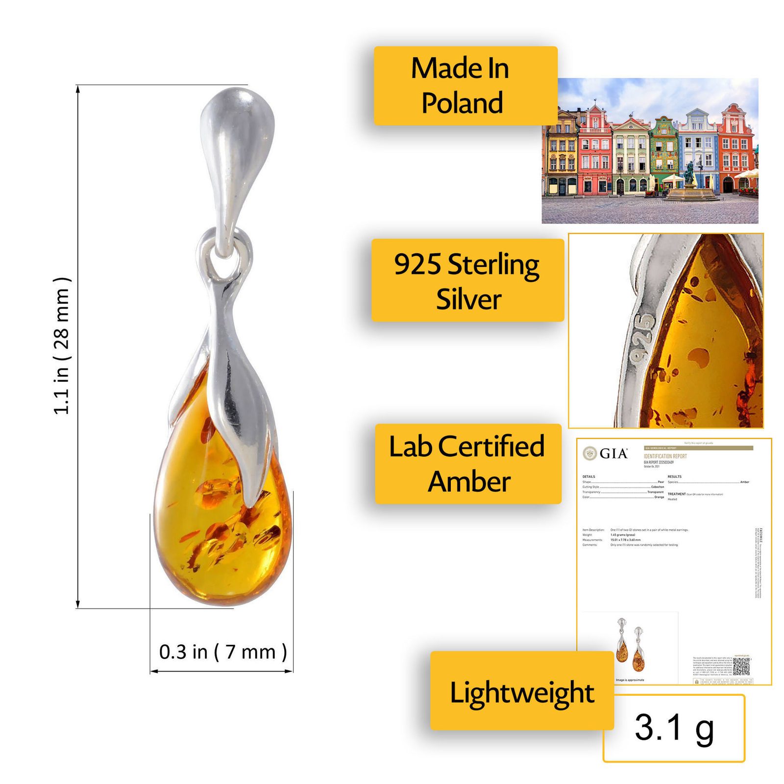 GIA Certified Sterling Silver and Baltic Honey Amber Earrings "Tina"