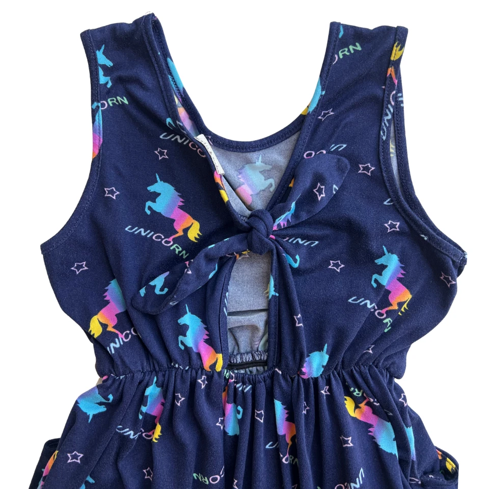 Girls Size 10 Unicorn Dress Blue Stretchy Sleeveless Pockets Keyhole Back Casual - Image 3 of 4