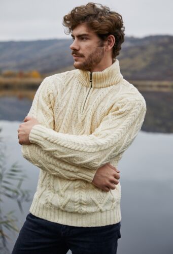 SAOL Irish Fisherman Sweater Men's Half Zip Cable Knit Pullover 100% Merino Wool - Picture 1 of 11