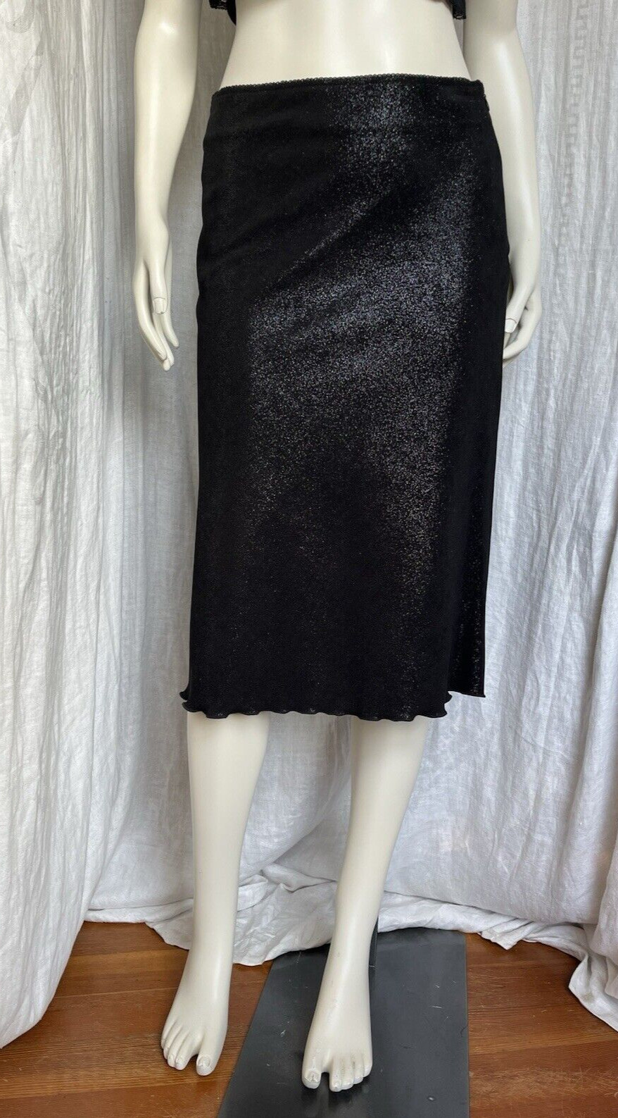 Vintage Midi Skirt Low Rise Black Metallic Gothic Grunge Fairy Y2K 90s Medium-image