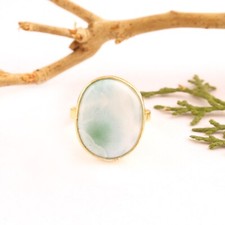 Beautiful Larimar Oval Shape Ring Yellow Gold Plated Collet Set Adjustable Ring