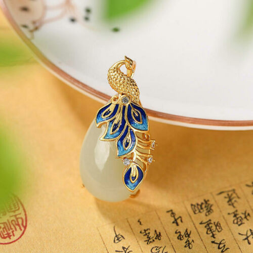 Chinese Pure Silver S925 Gild Inlay Hetian White Jade Cloisonné Peacock Pendant - Picture 1 of 5