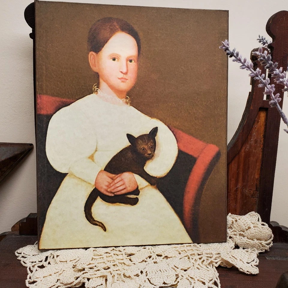 PRIMITIVE VICTORIAN VINTAGE FOLK ART STYLE GIRL BLACK CAT PORTRAIT CANVAS SIGN - Image 2 of 4