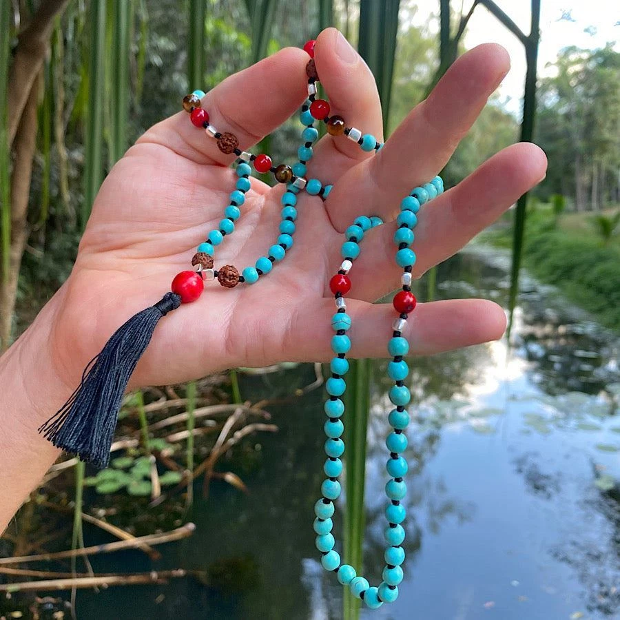 Mens Mala Beads Yoga necklace Turquoise Red Coral Tigers Eye