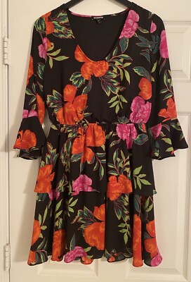 Express Flora Black Pink Orange Green Dress 3/4 sleeve Tiered Size Small