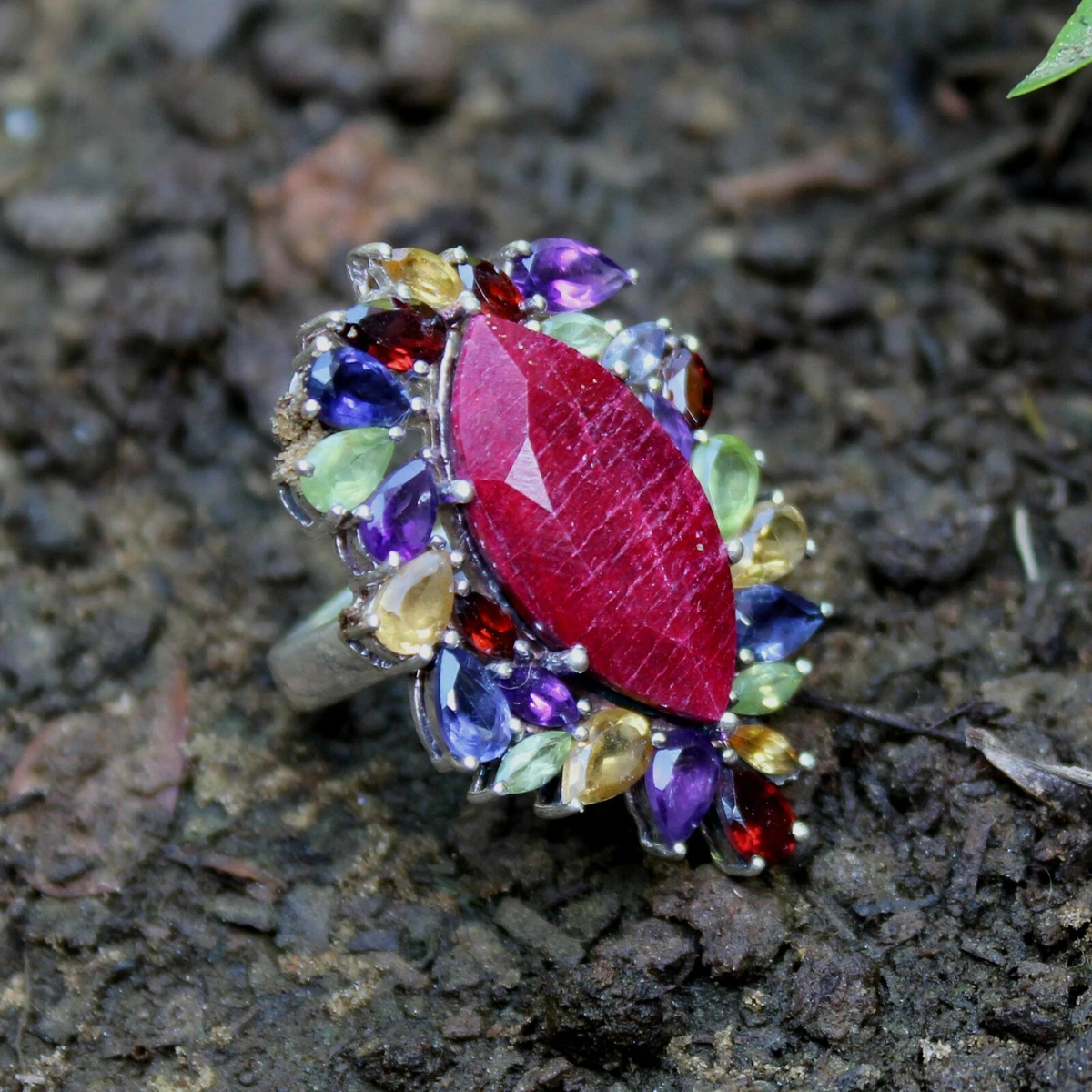 Ruby Peridot Iolite Citrine Multi Stone Ring Size 5.5 Sterling
