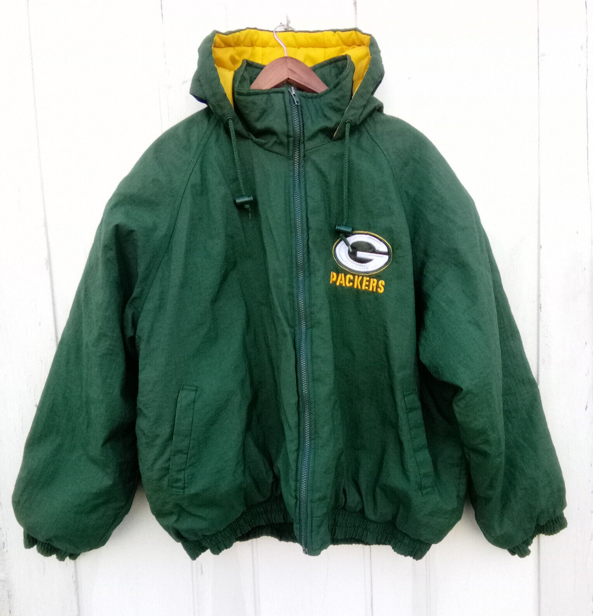 VINTAGE GAME DAY FANS GEAR GREEN BAY PACKERS EMBROIDERED HOODED BOMBER  JACKET