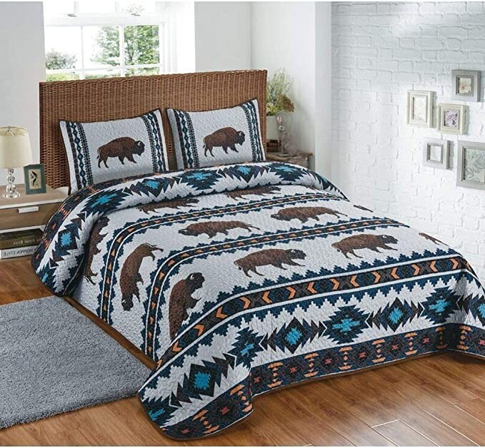 3 Piece Brown Blue Quilt Set Beautiful Buffalo Design Bedding Sets King eBay