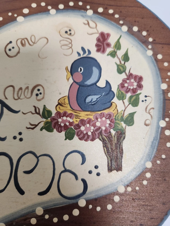 Vtg Hand Painted Wooden Heart Home Sweet Home Wall Plaque Blue Bird Flowers - Image 2 of 4