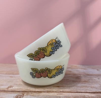 VTG Set of 2 Fire King Nature's Bounty 3.5  Custard Dish Fruit Design