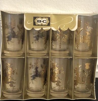 Bartlett Collins Pokee  8 Glass Set 22KT Gold Deer/Thistle Pattern NOS Sealed