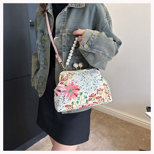 Pearl Chain Purses and Handbags Canvas Shoulder Bag Vintage Crossbody Bag - Picture 5 of 15