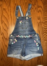 Jordache girls' denim shortall overalls with floral embellishments