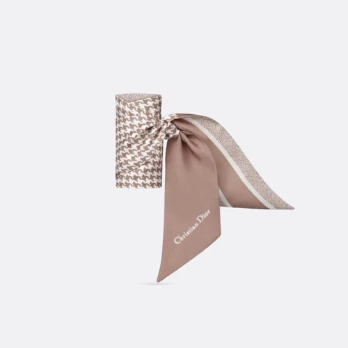 Foulard DIOR Mitzah rose beige pied de poule soie 35,4 pouces avec boite et reçu