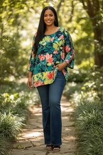 Ruby Rd Women  s 3X Botanical Floral 3/4 Sleeve Top Tropical Island Beach Chic