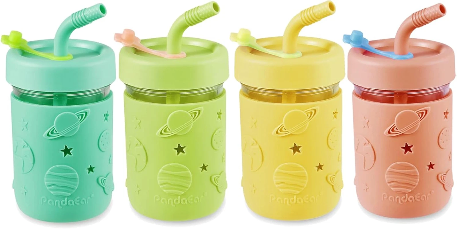 Kids & Toddler Glass Cups 4 Pack Mason Jar 8.45 oz with Silicone Sleeves Straws