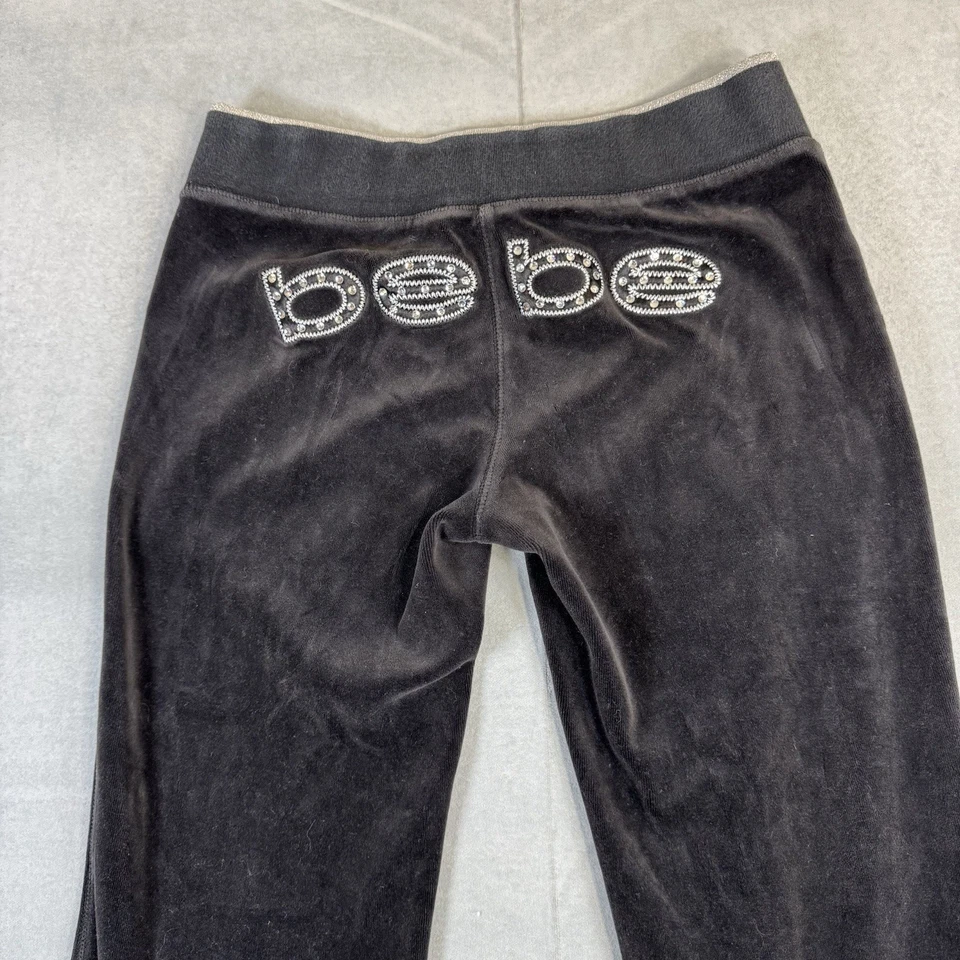 Vintage Bebe Track Pants Womens Extra Small Black Velour Rhinestone Logo Y2K - Image 3 of 4