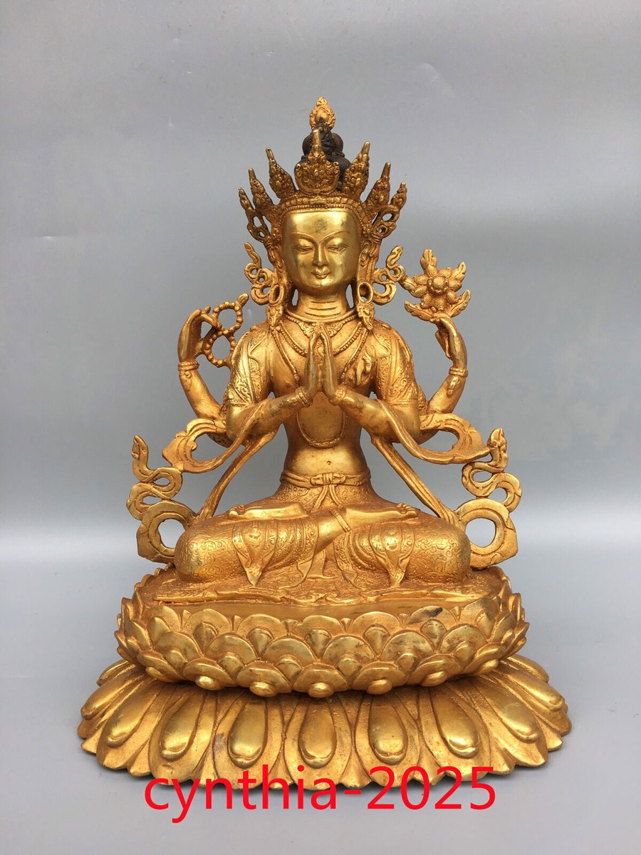 Tibetan Buddhism antiques Pure copper gilding Lotus base four arm 