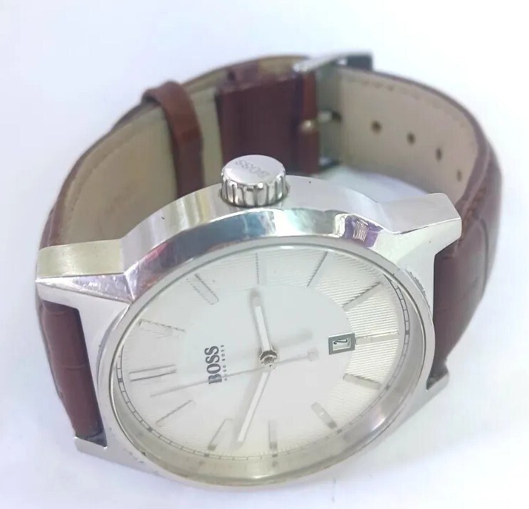 Hugo Boss HB.96.1.14.2220 Genuine Leather Quartz Analog Men\'s Watch New Battery Men Hugo Boss Watch Silver Steel Case Brown Leather Band HB  main image 3