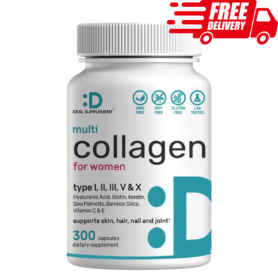 Collagen Peptides Types I, II,  III, V,  X Pills, Anti-Aging Skin 300 Capsules