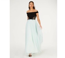 Blondie Nites Junior Womens 1 Black Mint Off The Shoulder Appliqu  Gown NWT BY30