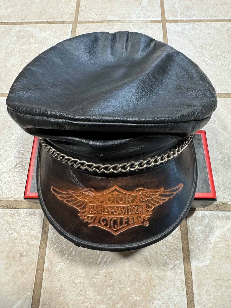 Harley Davidson Vintage Leather Motorcycle Eagle Captains Hat Sz