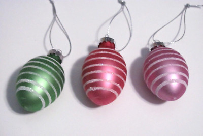NEW SET OF 3 EASTER EGG GLASS ORNAMENTS WITH GLITTER STRIPES (3 DIFF COLORS)