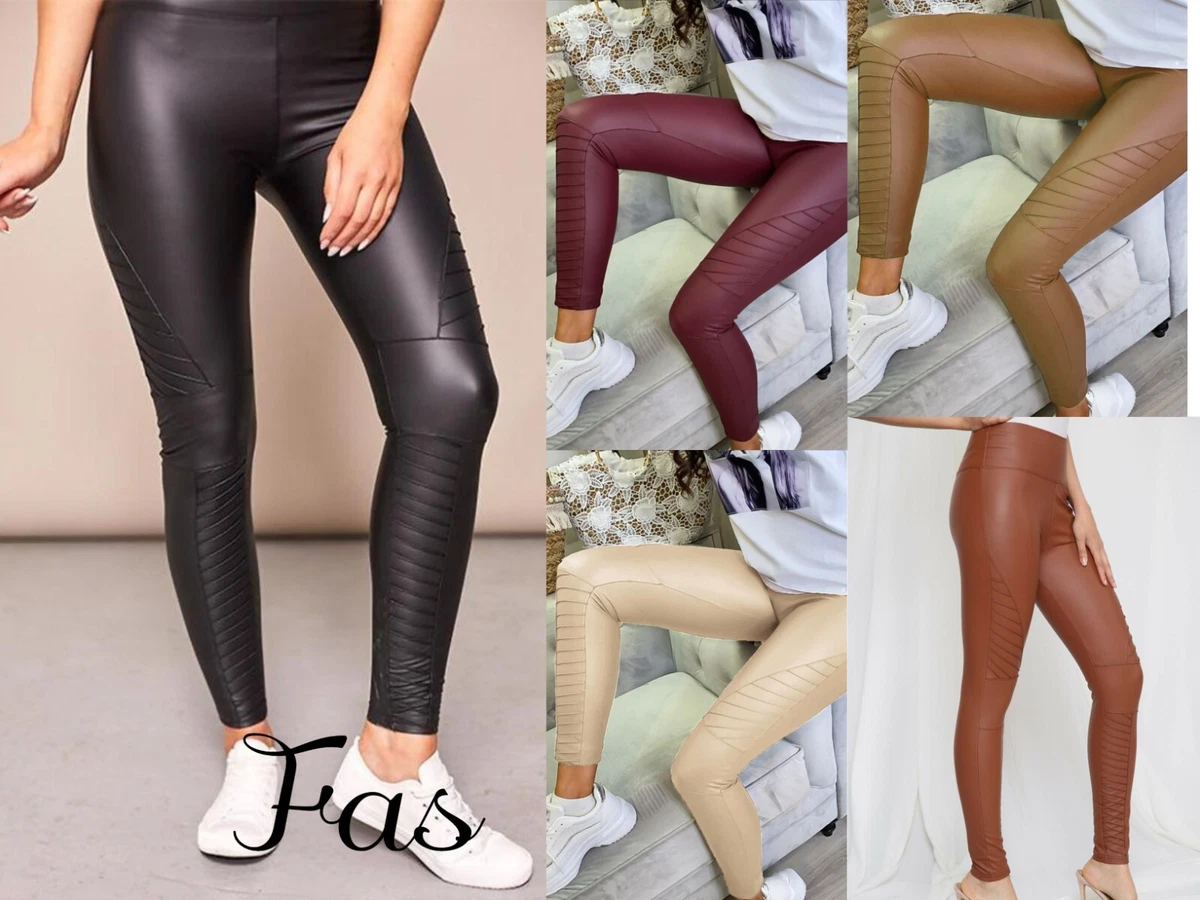 Women Ladies PU High Waist Biker Leggings Skinny Faux Wet Look Pants New  Trouser