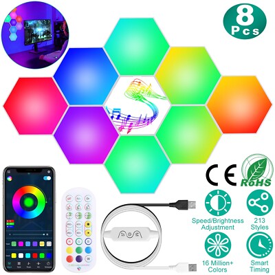 8Pcs Hexagon Light Panels RGBW Colorful Splicing Gaming Light App Remote Lamps