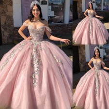 Pink Princess Quinceanera Dresses Off Shoulder Lace Applique Prom Gowns Sweet 16