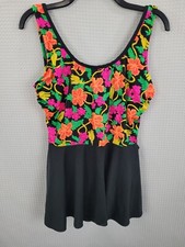 Vintage Womans Swimsuit Bright Floral with Black Skirt USA Union Made Size 15/16