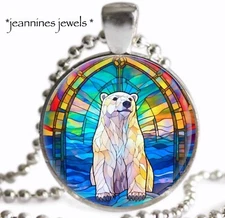 Polar Bear NECKLACE Faux Stained Glass Rainbow ART PRINT Silver Charm Pendant