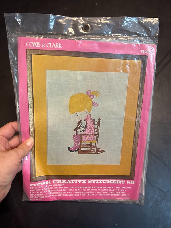 Vintage Crewel Creative Stitchery Kit Girl Holding dog Fits frame 8 x10 5828
