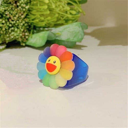 Cute Rainbow Sunflower Ring Retro Resin Square Accessory Colorful Floral Jewelry - Picture 5 of 17