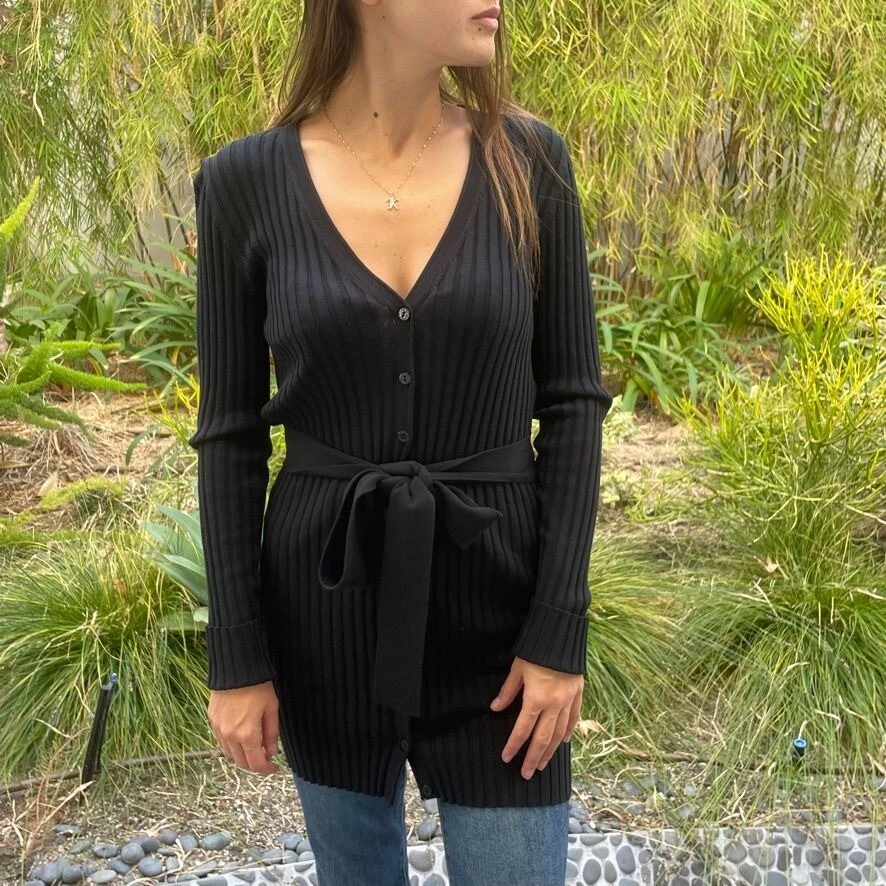 DOLCE GABBANA Black Knit Ribbed V Neck Belted Cardigan Sweater