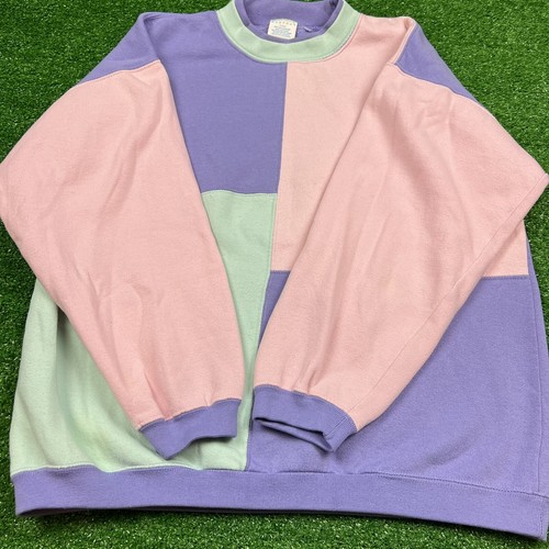Vintage 90's Cheetah Color Block Geometric Sweatshirt Pink Purple Green Youth L - Picture 5 of 10