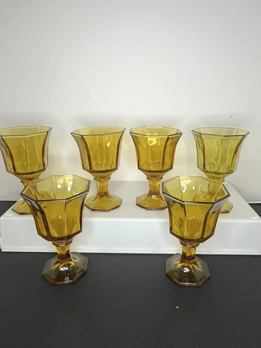 Independence Amber Glass 4 5 8” Octagon Juice Goblets Footed Tumblers Set 6 VGT