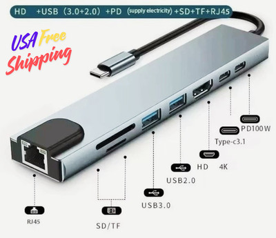 8 in 1 USB-C Hub Type C To USB 3.0 4K HDMI PD Adapter For iPhone Macbook Pro Air