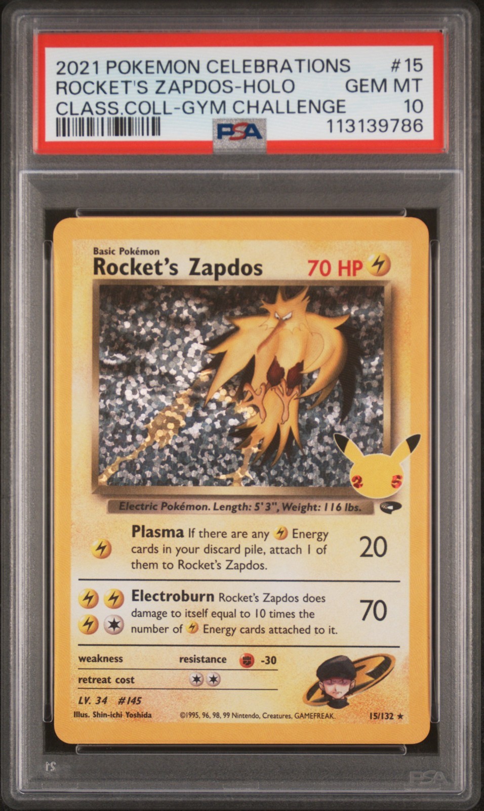 2021 Pokemon Celebrations Rocket's Zapdos #15 Classic Collection Holo PSA 10
